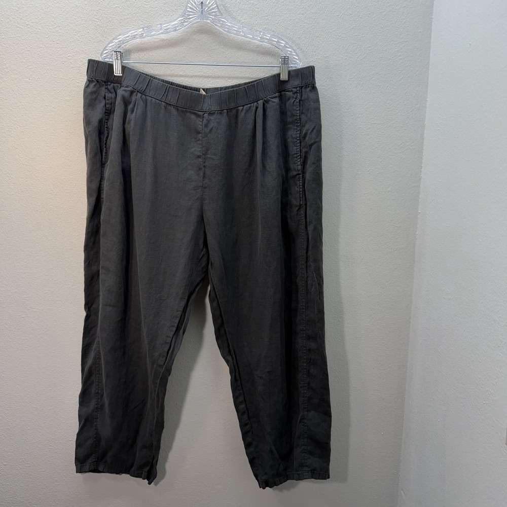 EILEEN FISHER Gray Organic Linen Pull On Cropped Wide Leg Pants Minimalist Sz 1X
